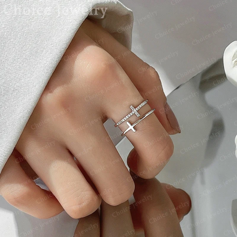 925 Sterling Silver Gold Zircons Cross Open Rings For Women Wedding Engagement Band Bride Declaration Jewelry Noble Luxury Gift view 4