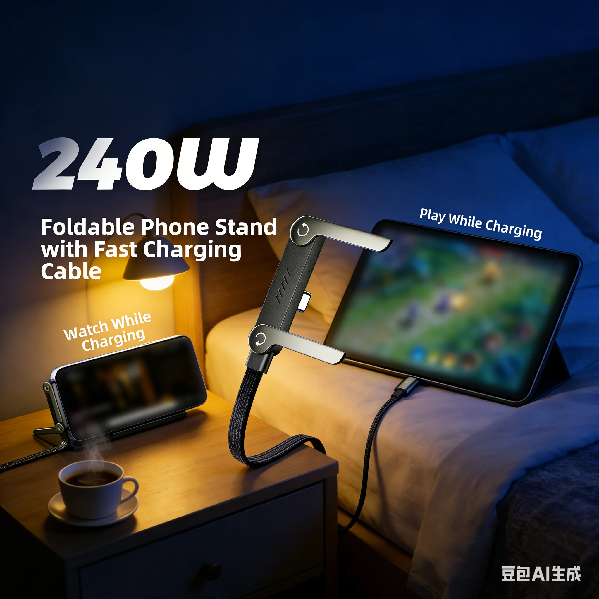 

240W Fast Charging Cable With Built-in Phone Bracket 1.5m Length Smartphone Tablet Data Cable Holder Charging Line For IPhone17