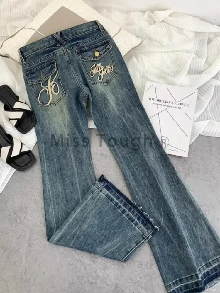 Américain rétro taille basse jean femme printemps nouvelle broderie vieille mode décontractée pantalon mince coréen élégant cloche pantalons longs 2025