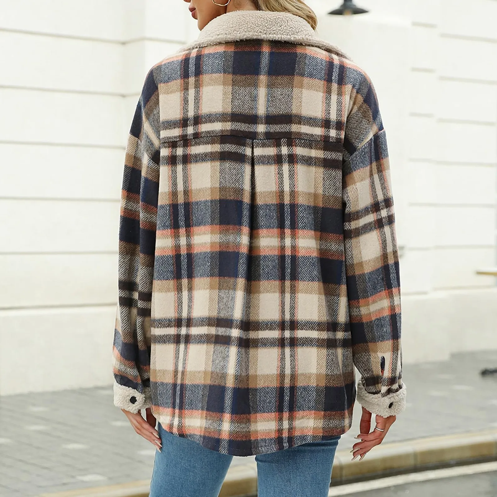 2024 New Loose Women Long Sleeve Pullover Casual  Plaid Shacket Jackets Fuzzy Fleece Button Down Open Front  Jackets Outfits