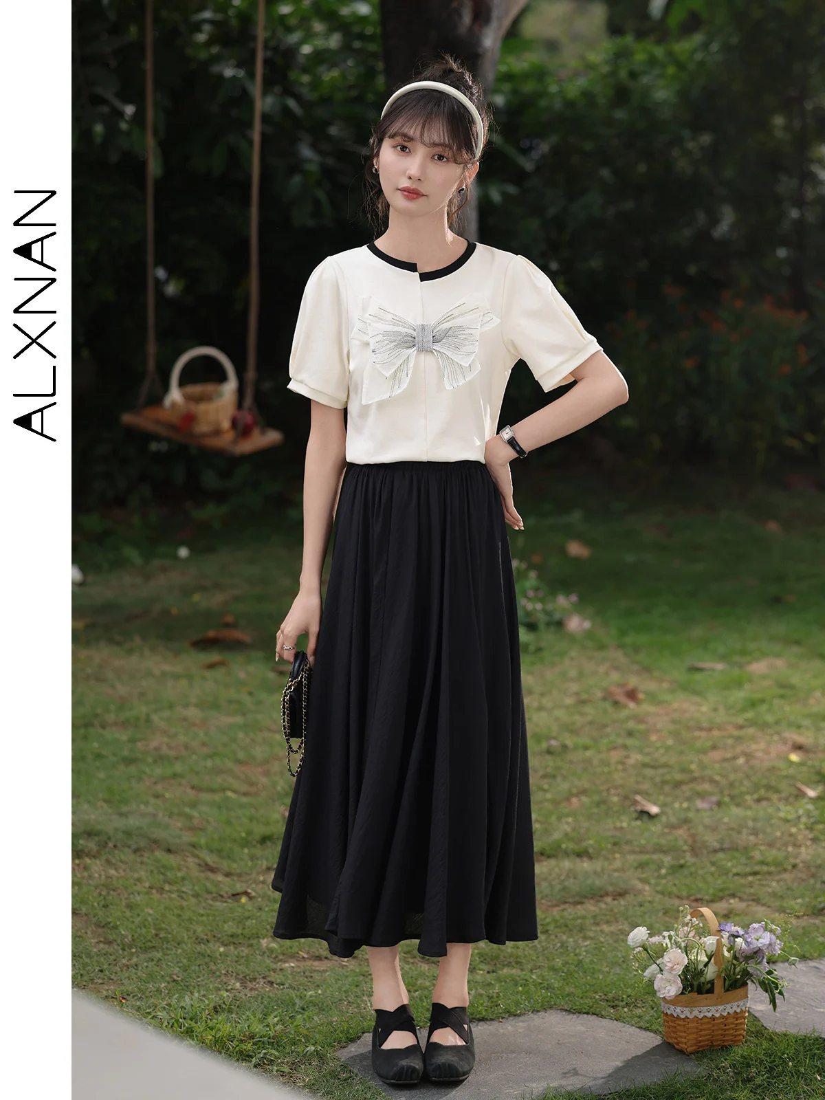 ALXNAN Black Pleated Skirts for Women 2024 Summer New A-line Midi Casual Solid Versatile Temperament Skirt Office Lady L36223