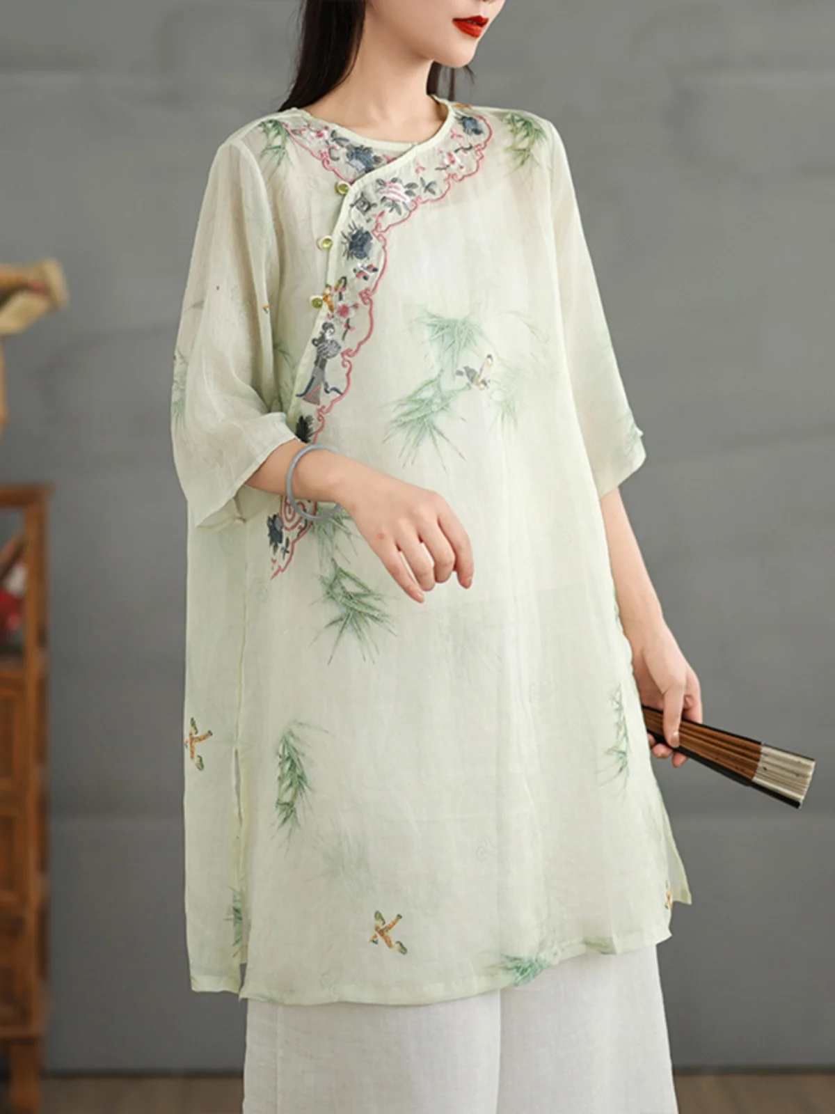Retro haftowany nadruk, bawełna i len, rękaw 3/4, damska letnia nowość, chiński styl, narodowy trend, zapinana na guziki.