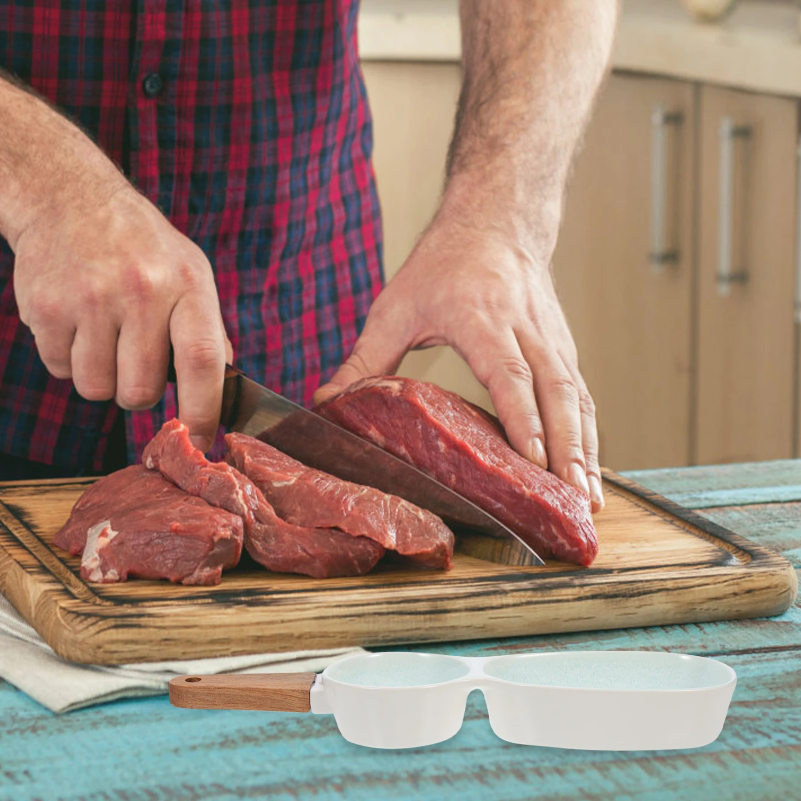 

Ceramic Fruits Bowl Multi-Grid Snack Tray Wooden Handle Portable Suitable for Sauces Salads Dried Fruits Kitchen Use