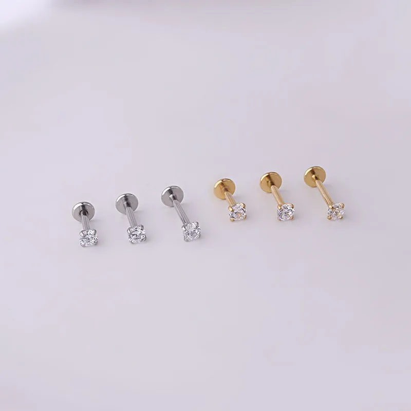 2pcs Stainless Steel Piercing Tragus Stud Earrings, Crystal Labret Small Ear Stud Helix Cartilage Earring for Women Body Jewelry
