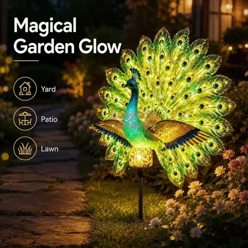 Solar Peacock Garden Sculpture, Outdoor Decor Light with Auto-On LED,Solar Garden Sculpture Moving, Ip44 All-Weather Waterproof