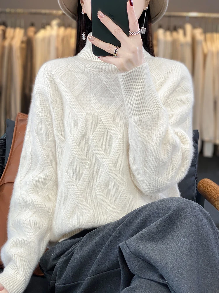 Autumn and winter new 100% pure wool high lapel loose pullover solid color Fried Dough Twists design fashion knitting sweater to