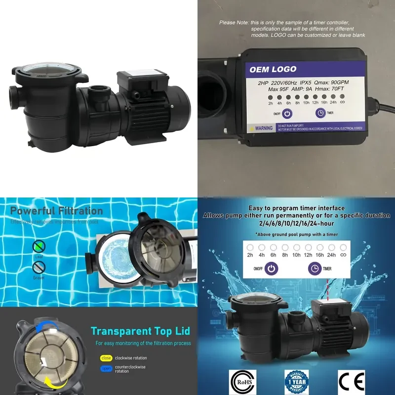 STROVAN JADE J07503TMR 1HP Durable Timer Above Ground Pool Pump 115V 60Hz Ultra Quiet IP54 Rotatable for Pool Spa