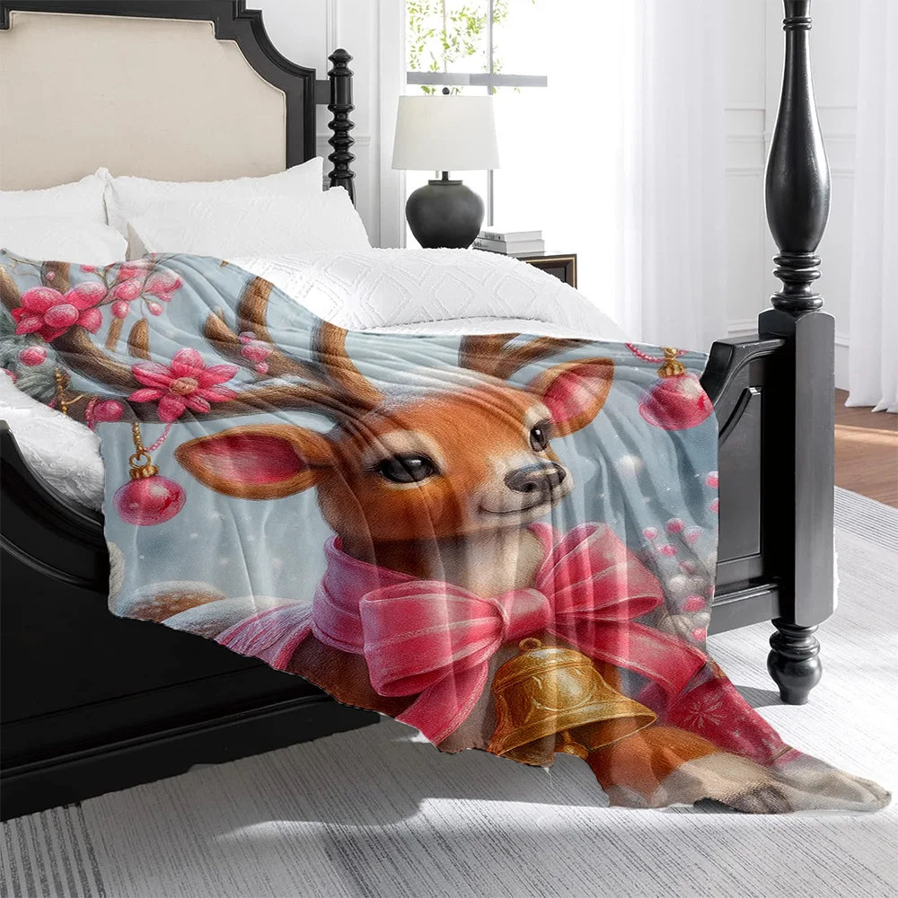 1pc, Christmas Pink Reindeer Printed Flannel Blanket, High-Density Flannel Blanket, Skin-Friendly Warm Blanket | A Must-Have Ite