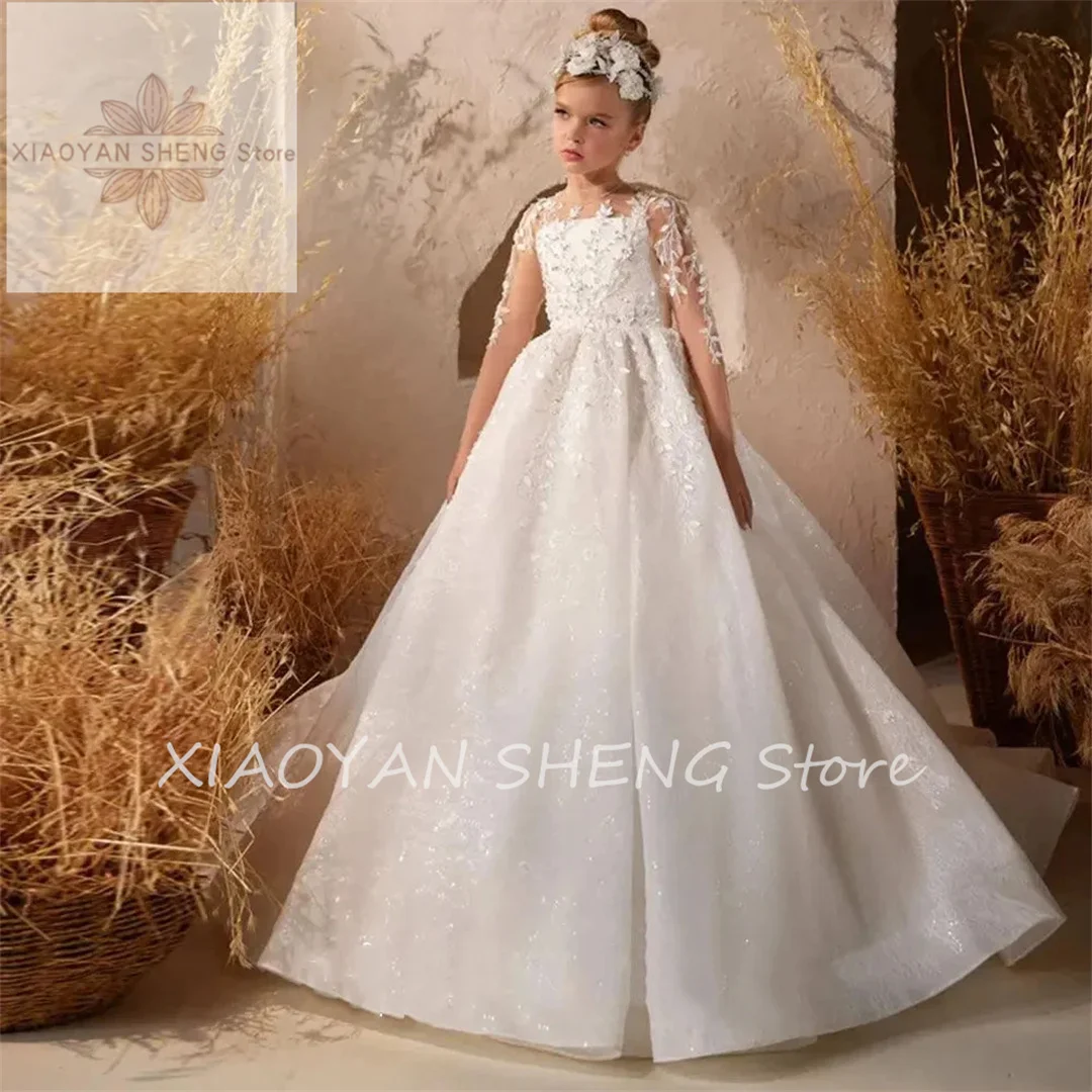 

Flower Girl Dresses White Satin Appliques With Bow Long Sleeve For Wedding Birthday Banquet Holy Communion Gowns