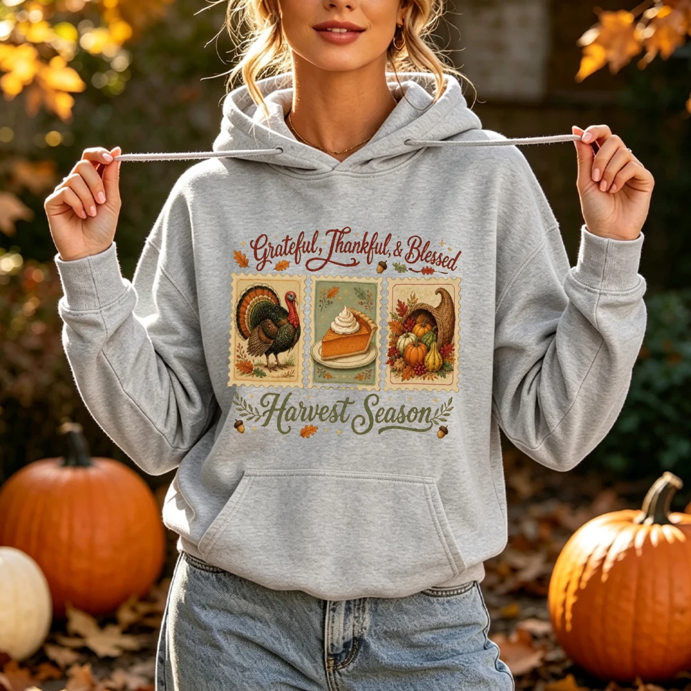 Grateful Thankful Blessed Hoodie Thanksgiving Harvest Season Sweatshirt Fall Turkey Pumpkin Pie Pullover Gift for Her Hoodie