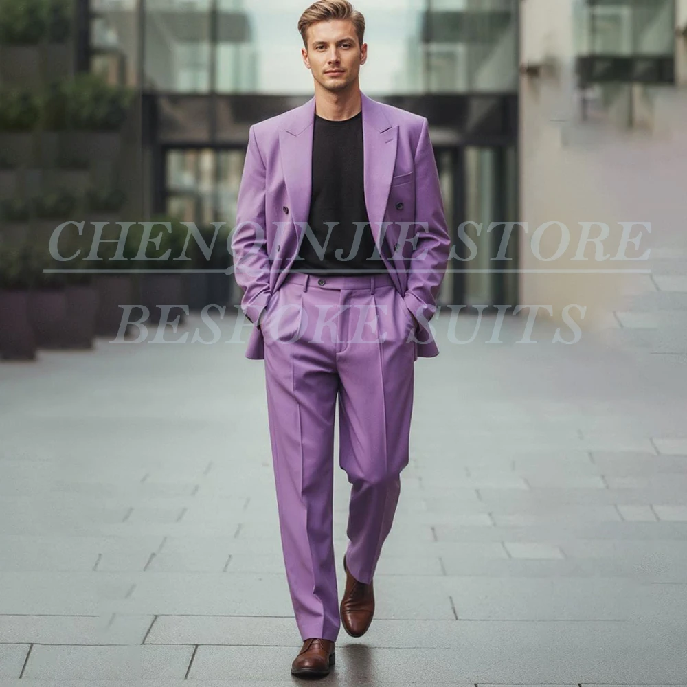 

Luxury Men's 2 Piece Suits Solid Color Double Breasted Peak Lapel Jacket Pants Customized Wedding Full Sets Costume Homme