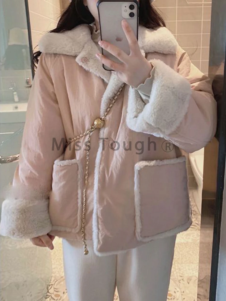 Winter Lambswool Parkas Women Double Side Wear Thick Fleece Coat Female Korean Fashion Cute Preppy Style Single Breasted Jacket