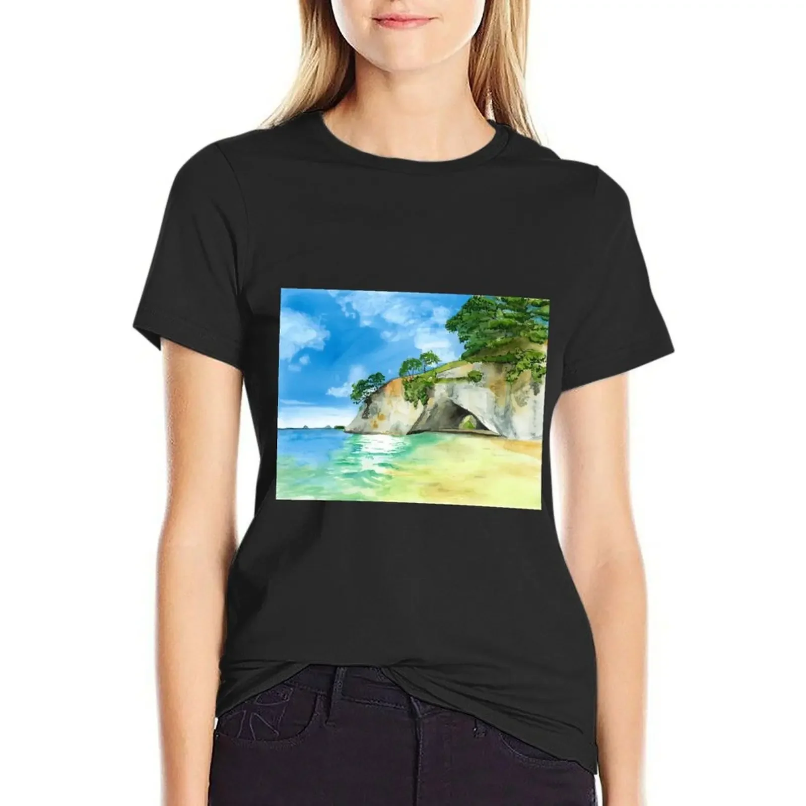 

Cathedral Cove - Watercolour Painting T-Shirt heavyweights plus sizes blacks Women t shirt
