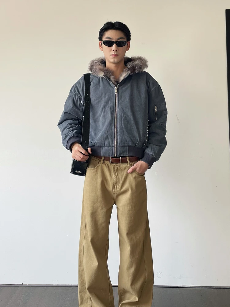 

Retro American Cleanfit Distred Loose Splicing Leather Jaet Men's Couple Tops with Hat Vintage Sle Zipper Closure