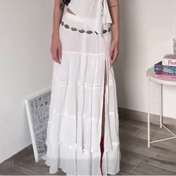 2000s Vintage Lace Trim White Split Long Skirt Fairycore Cute High Waist Midi Skirts Women Boho Holiday Streetwear Y2K Aesthetic