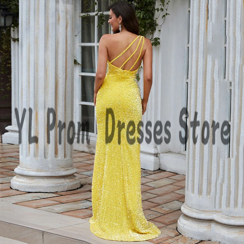 Yl assimétrico amarelo lantejoulas vestidos de celebridade com fenda sexy sereia vestido de festa de casamento longo um ombro vestidos de noite