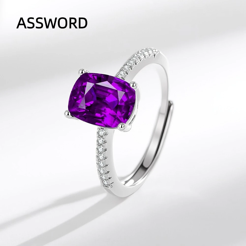 925 Sterling Silver Amethyst Color Cushion Cut Ring, Half Pave Band CZ Promise Ring, Adjustable Open Wedding Jewelry