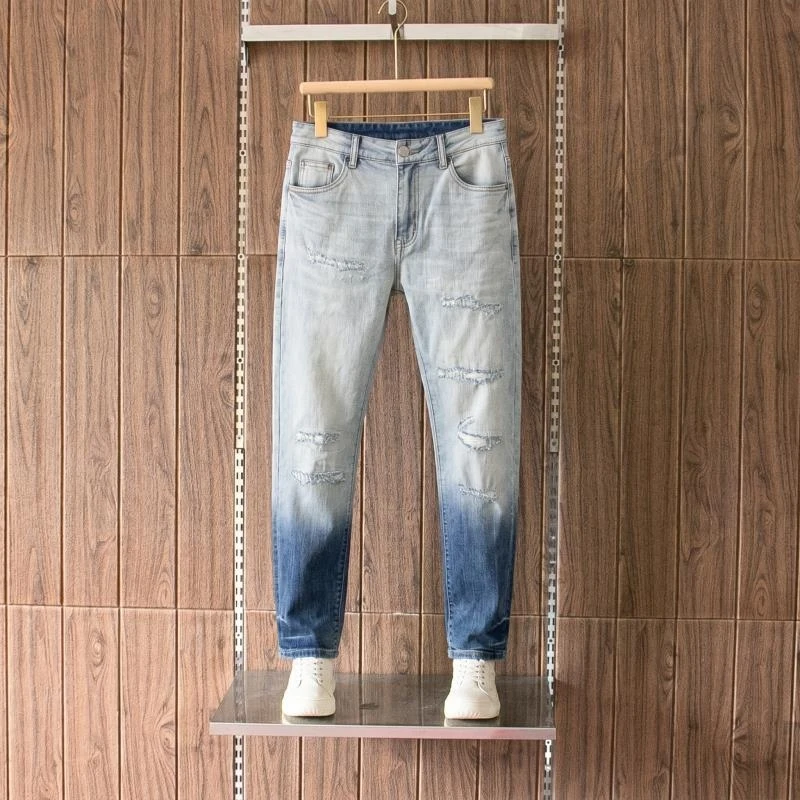 Men's Long Denim Pants in Vintage Streetwear Style, Gradient Color, Ripped, Soft, Stretchy, Slim, Tapered, Casual Style for Men