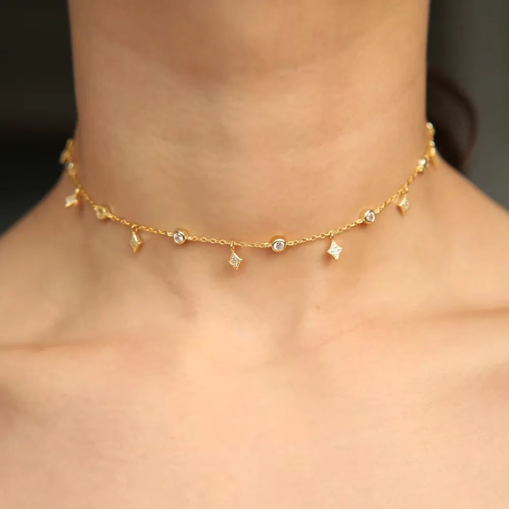 New 925 Sterling Silver Gold Silver Color Dangle Star Cz Cubic Zirconia Drop Choker Necklaces For Women Jewelry