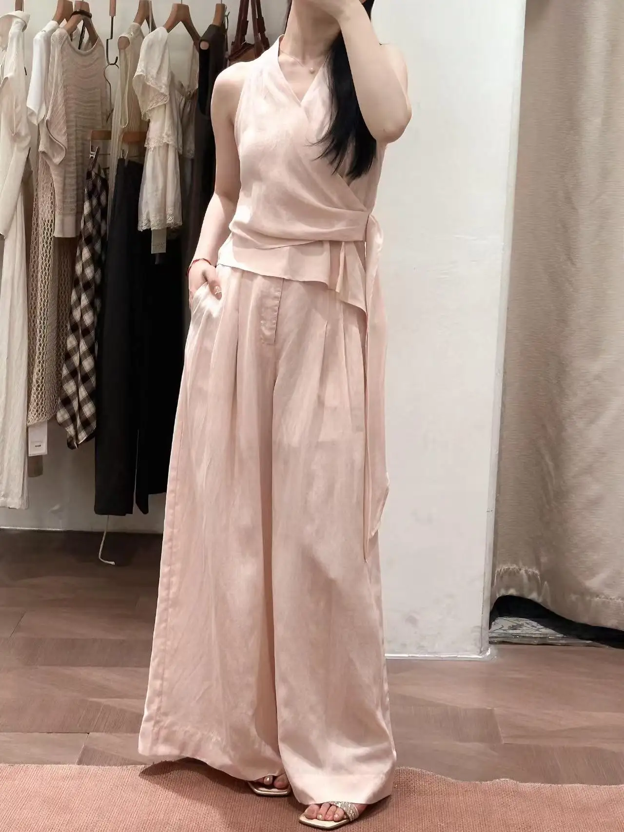 Sweet Pink V-neck Roped Sleeveless Top Wide-leg Pants Women's Summer Casual Commute Style Age-reducing Two-piece Set