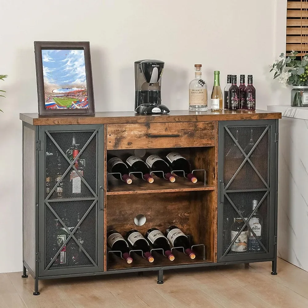 Bar cabinet with wine rack and glass rack, rural coffee bar wine cabinet with drawers and mesh door, rust brown wine cabinet