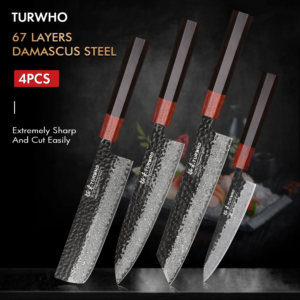 

TURWHO 4 Piece Japanese Professional Chef's Knife Hand Forged Best 67 Layer Damascus Steel VG10 Steel Core Kitchen Knives Set