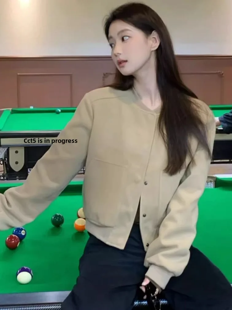 American Retro Grey Short Baseball Jacket Women's Spring Autumn Casual Loose Design Sense  Leisure Coat Top