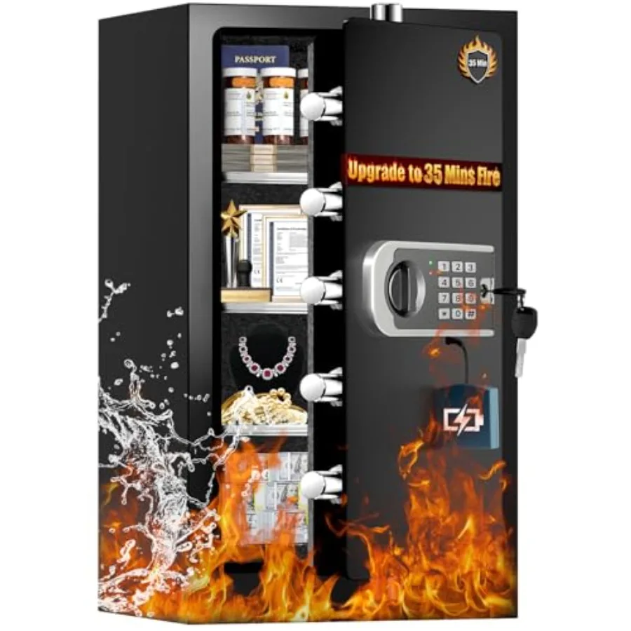 

Home office fireproof safe, steel construction, black, 35-min fire resistance, waterproof, digital keypad, smart alert, mute mo