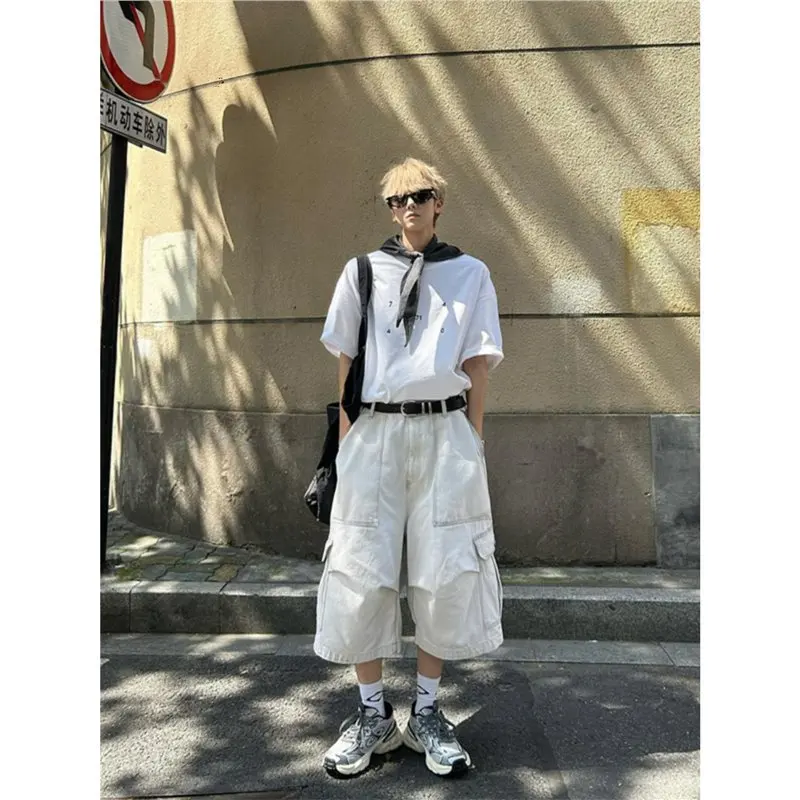 Men's Workwear Shorts Large Pockets Cargo Pants Streetwear Summer Korean Fashion Paratrooper Pants Wide Leg Seven Trousers Men