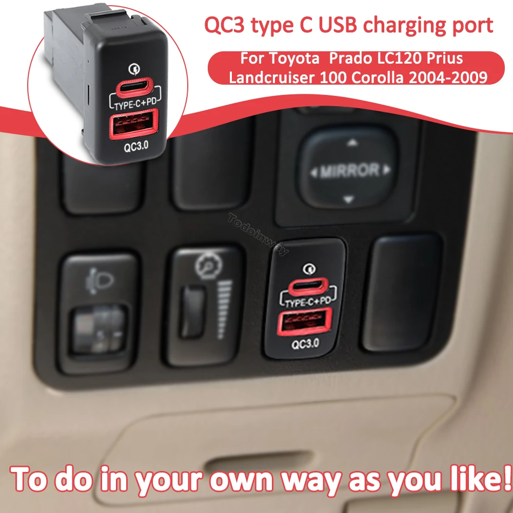 12V Quick Charging Type-C PD Usb Charger Fog Light Switch for Toyota Tundra 2009 ARIS Senna 2005 Zelas Scion TC 2011 Car Modify