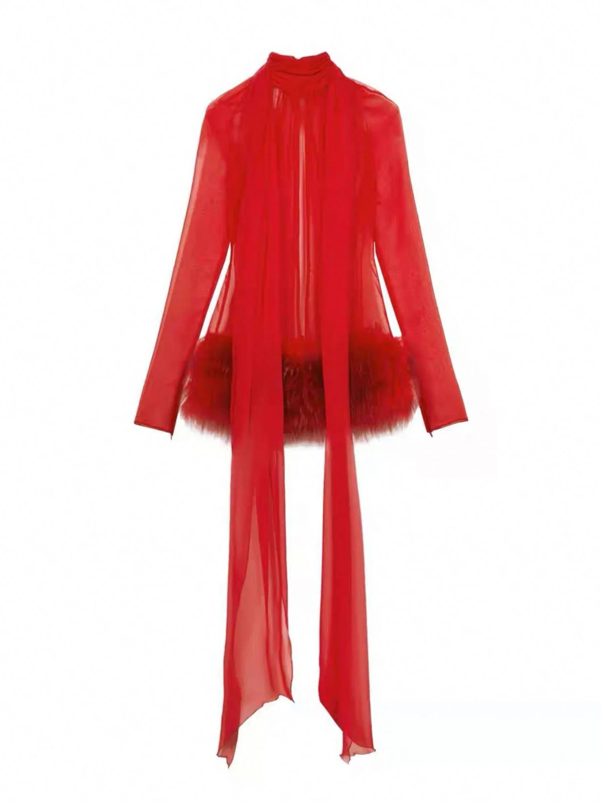 Ele pele sintética e chiffon Dr com camada transparente gola alta Sa plissados saia ortod para mulheres Par Wear