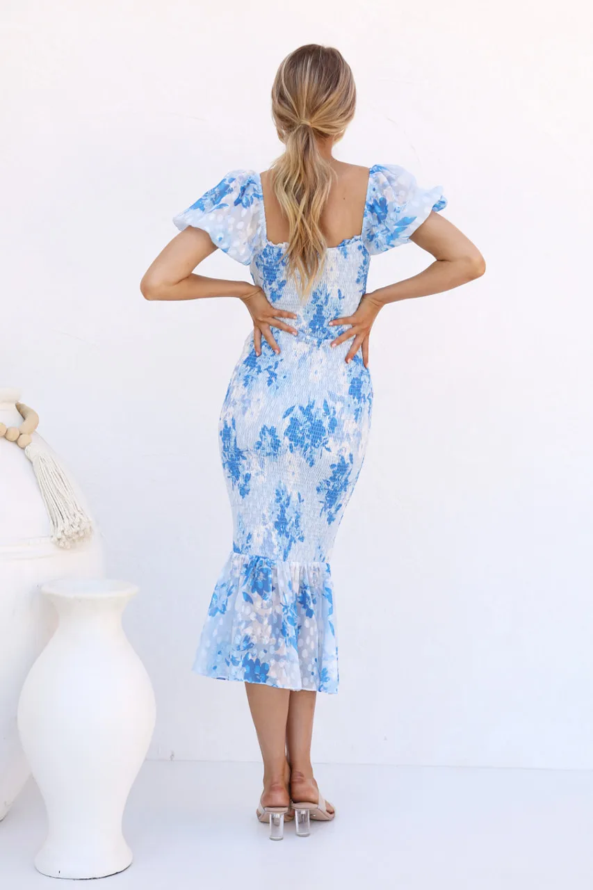 Women's Summer Floral Midi Bodycon Dresses Short Puff Sleeve Square Neck Ruffle Hem Mermaid New Arrival Boho Dress