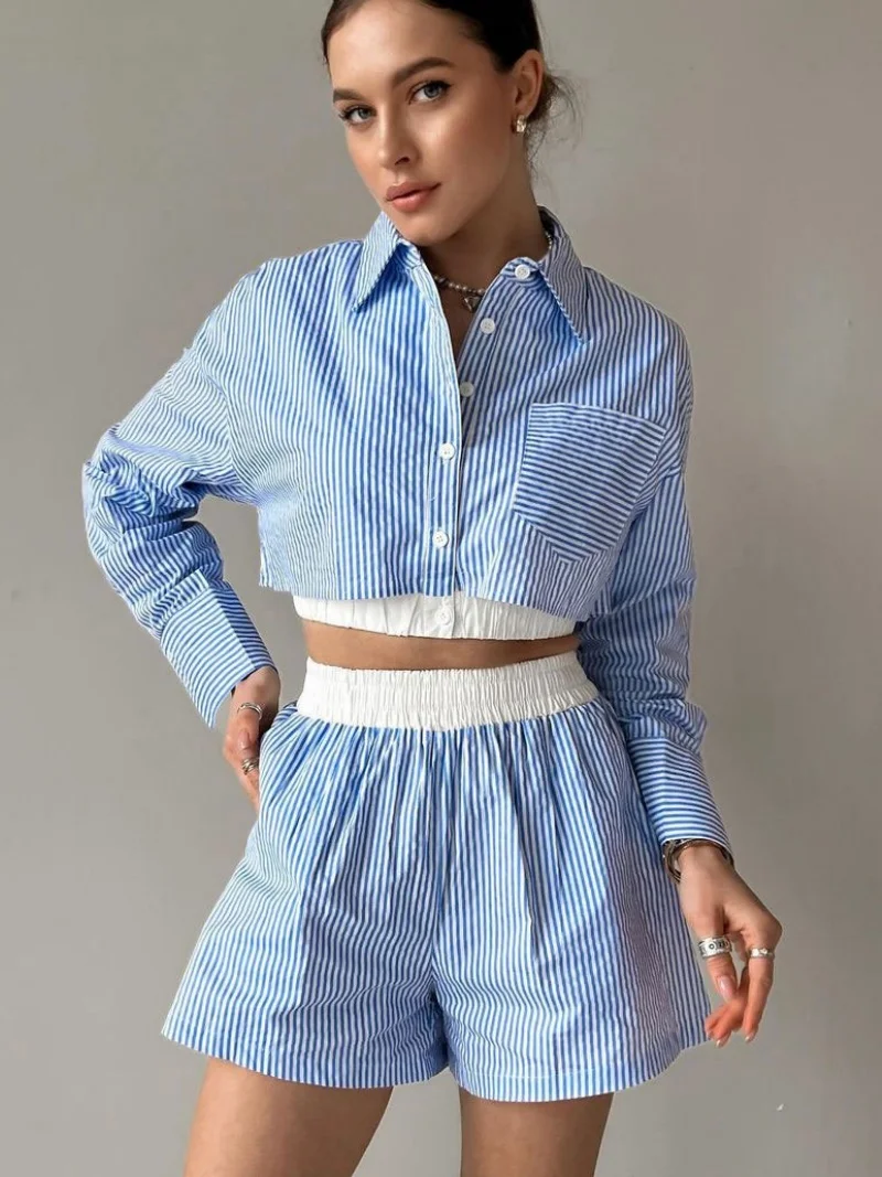 

Fashion Striped 2 Piece Sets Women Outfit Summer Clothes Women Long Sleeve Shirt Crop Top Shorts Sets Casual Tracksuit Woman Set