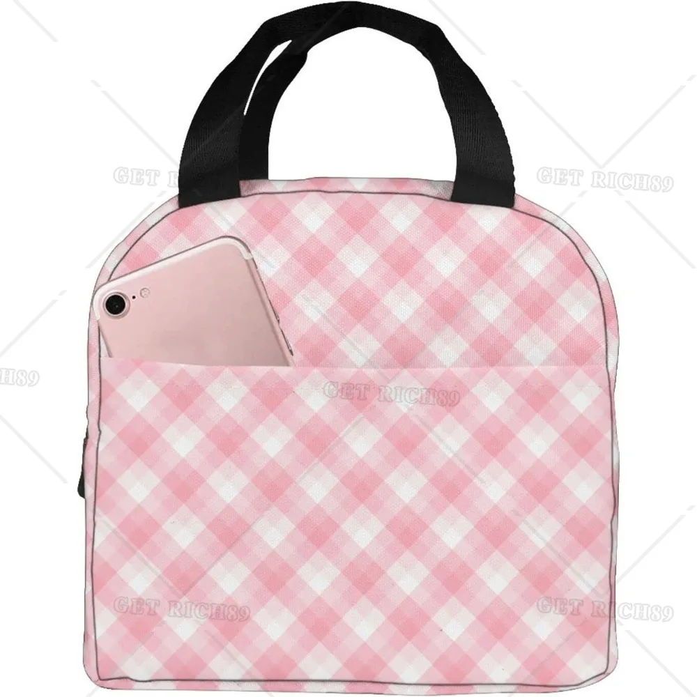 Pink Pattern Portable Lunch Bag Pink Stripe Insulated Cooler Tote Bag Reusable Lunch Box for Women Men for Outdoors