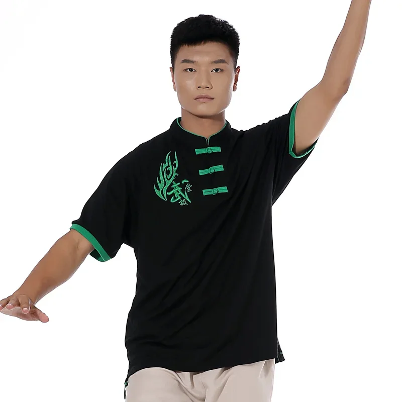 Martial Arts Embroidery T-shirt Short-sleeved Clothing Kung Fu Shirt Classic Uniform Kung Fu Men's Shirt Summer Stand Collar Top