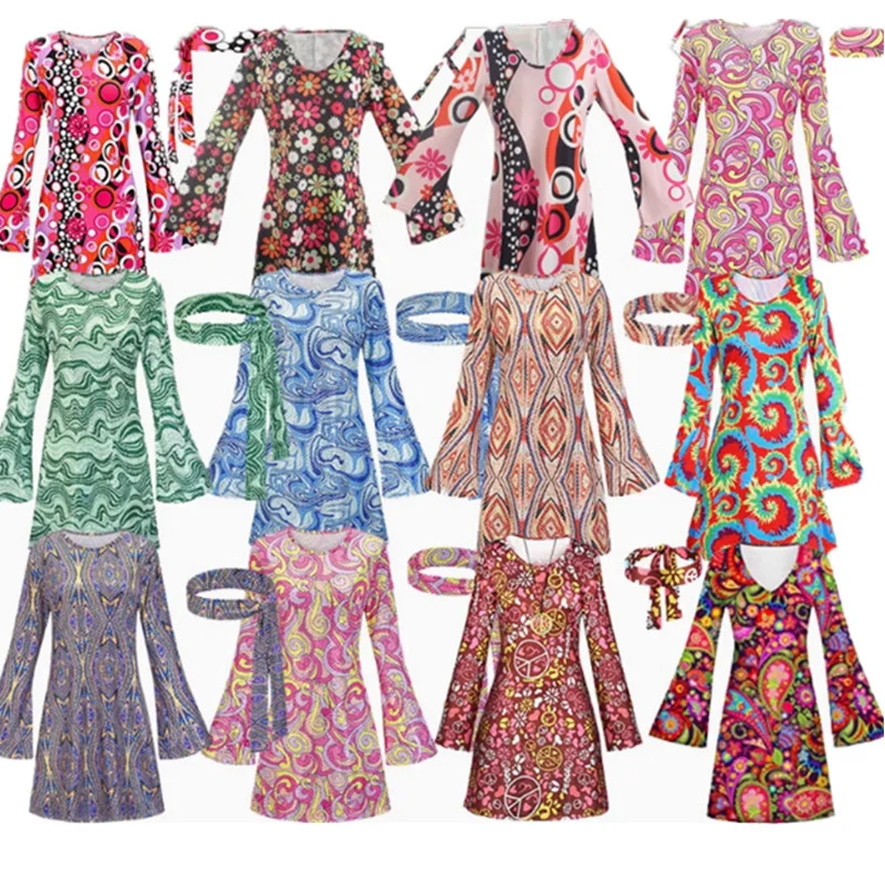 

Хэллоуин 2025 женский трансграничный 70-х годов хип-хоп принт Dr полиэфирное волокно 00% весенний сезон этнический сценический костюм