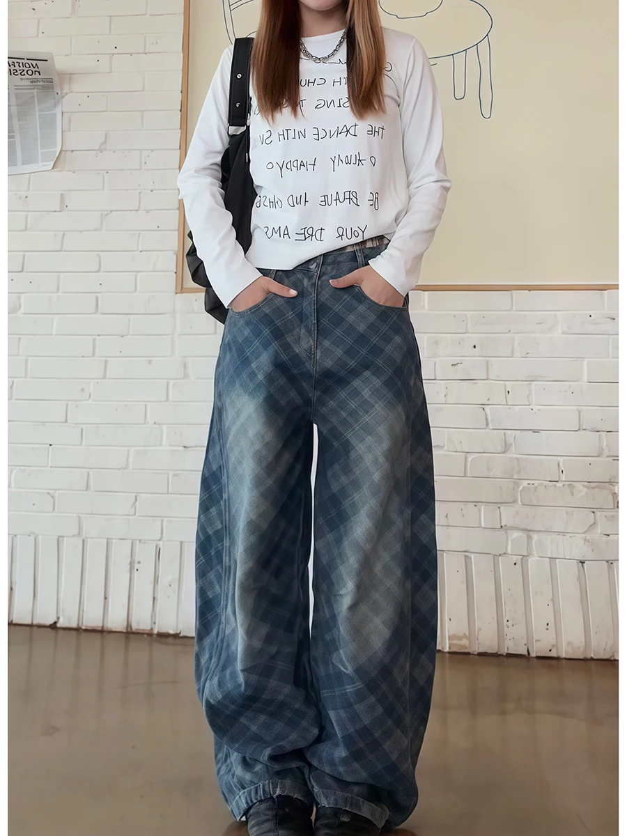RORIRI Amerikanische Retro-Baggy-Jeans, Unisex, gewaschen, kariert, gerades Bein, Hose mit abgerundetem Saum, lockere Passform, Damen-Trend-Buchstabendruck