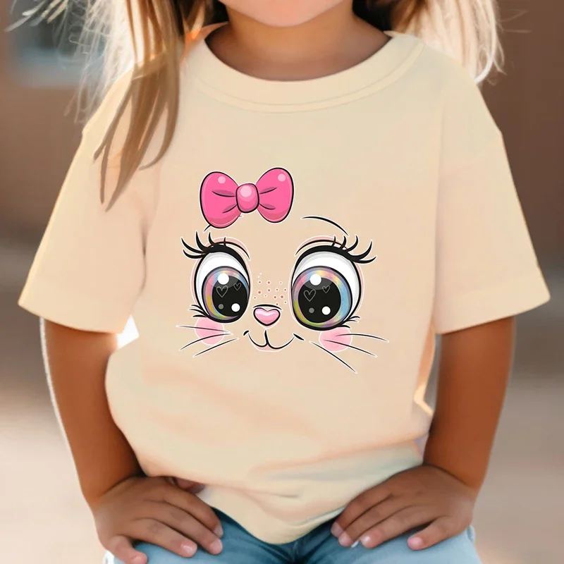 Maglietta per bambini maglietta estiva con fiocco rosa gattino ragazze Cute Cartoon Cat Graphic Tops maglietta selvaggia a maniche corte bianca vestiti Anime animali