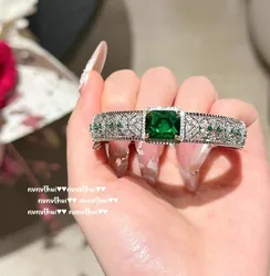 Exquisite Princess Cut Green Cubic Zirconia Bracelets Hollow Design 925 Silver Color Cuff Bangles for Women Banquet Fine Jewelry