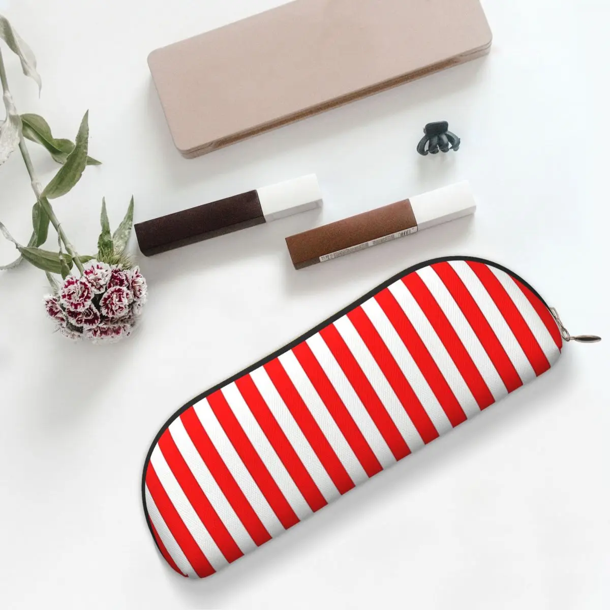 クラシックな赤と白の縦縞鉛筆ケースペンホルダー収納文具用品大容量ペンボックス鉛筆バッグ