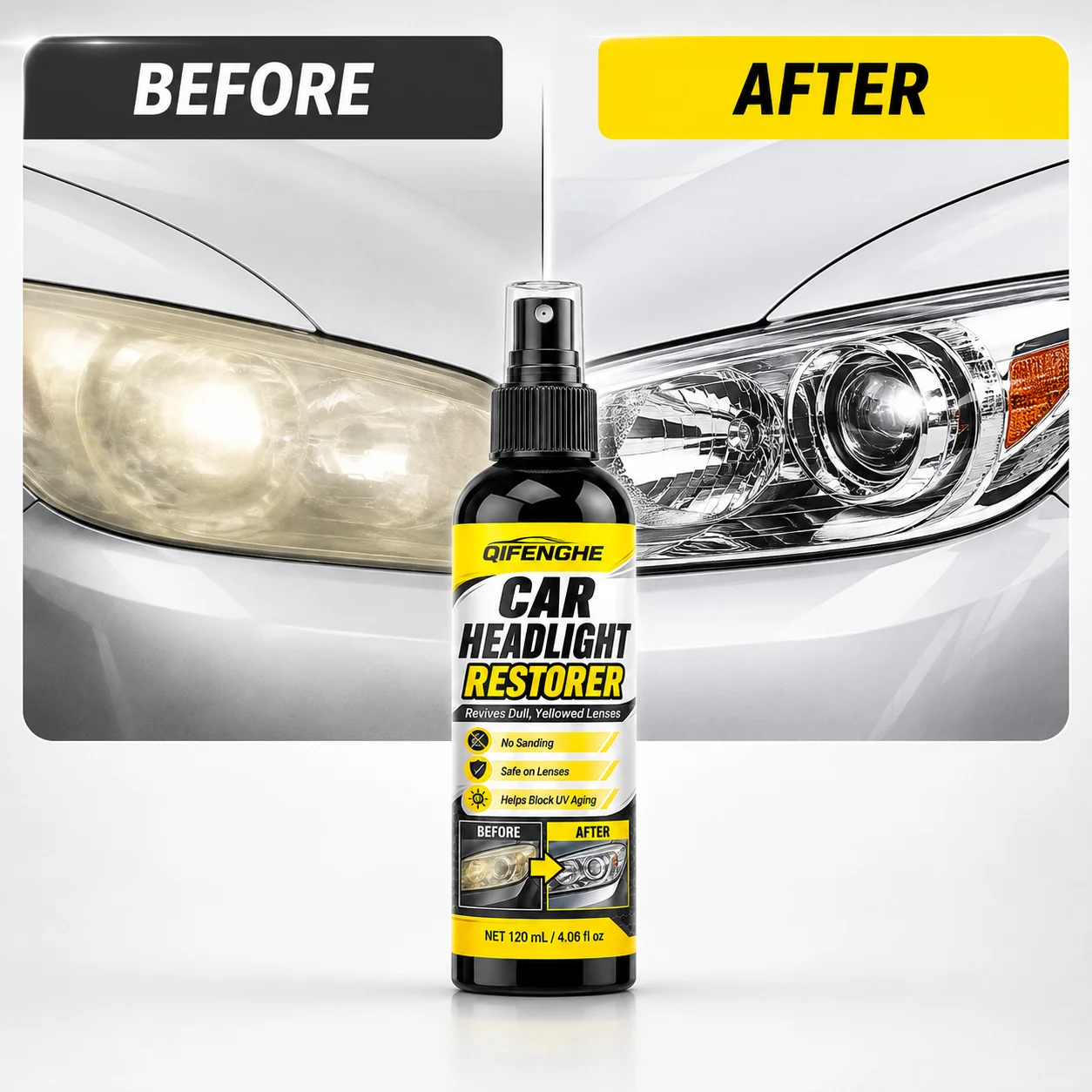 Headlight Lens Cleaner & Sealant, 120ml, Restore Yellowing Car Lights Instantly, Long-Lasting Protection