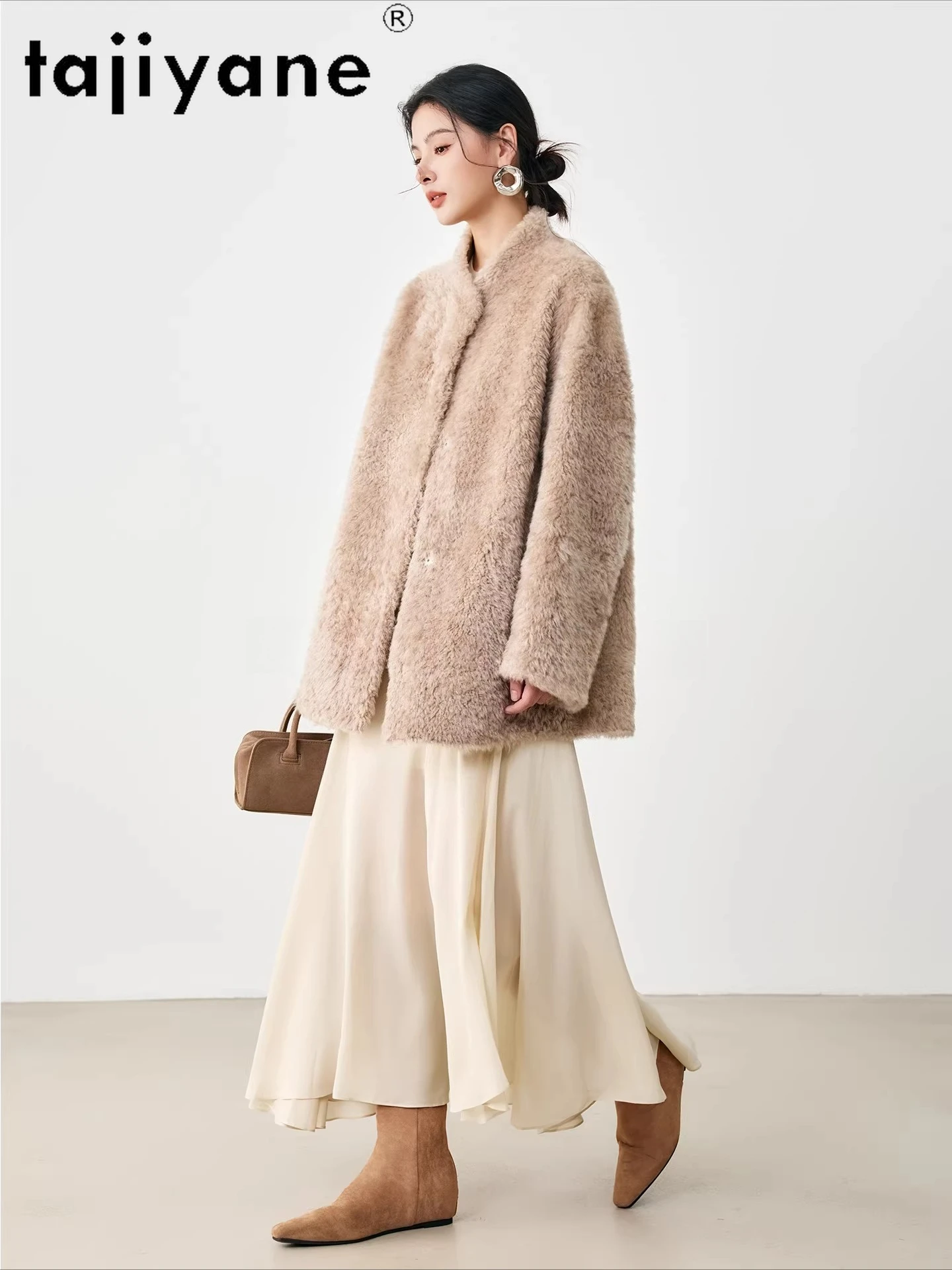 Tajiyane casacos de pele de carneiro natural com lã anexada, casaco de pele real de comprimento médio para mulheres, jaqueta quente de inverno 2025, roupas femininas шу omega