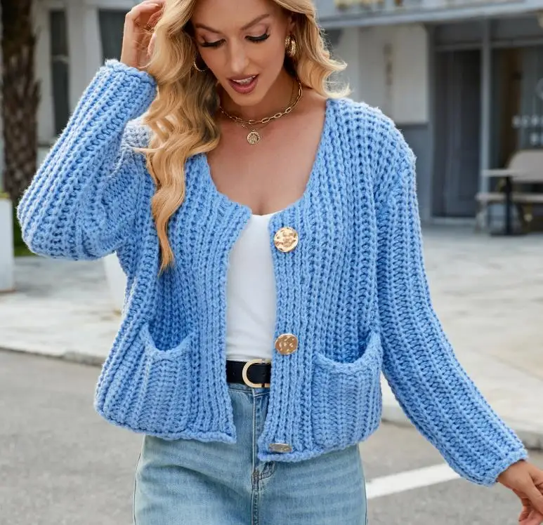 

Elegant Women's 2026 Spring New Solid Color Coarse Needle Sweater Jacket Loose Soft and Lazy Style Knitted Cardigan