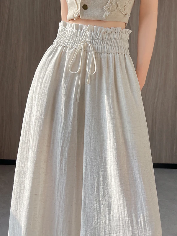 Ice Silk Cotton Linen Wide Leg Pants Skirt Women's Summer Wooden  Ear Elastic High Waist Slimming Drape Casual Floor-Leng...
