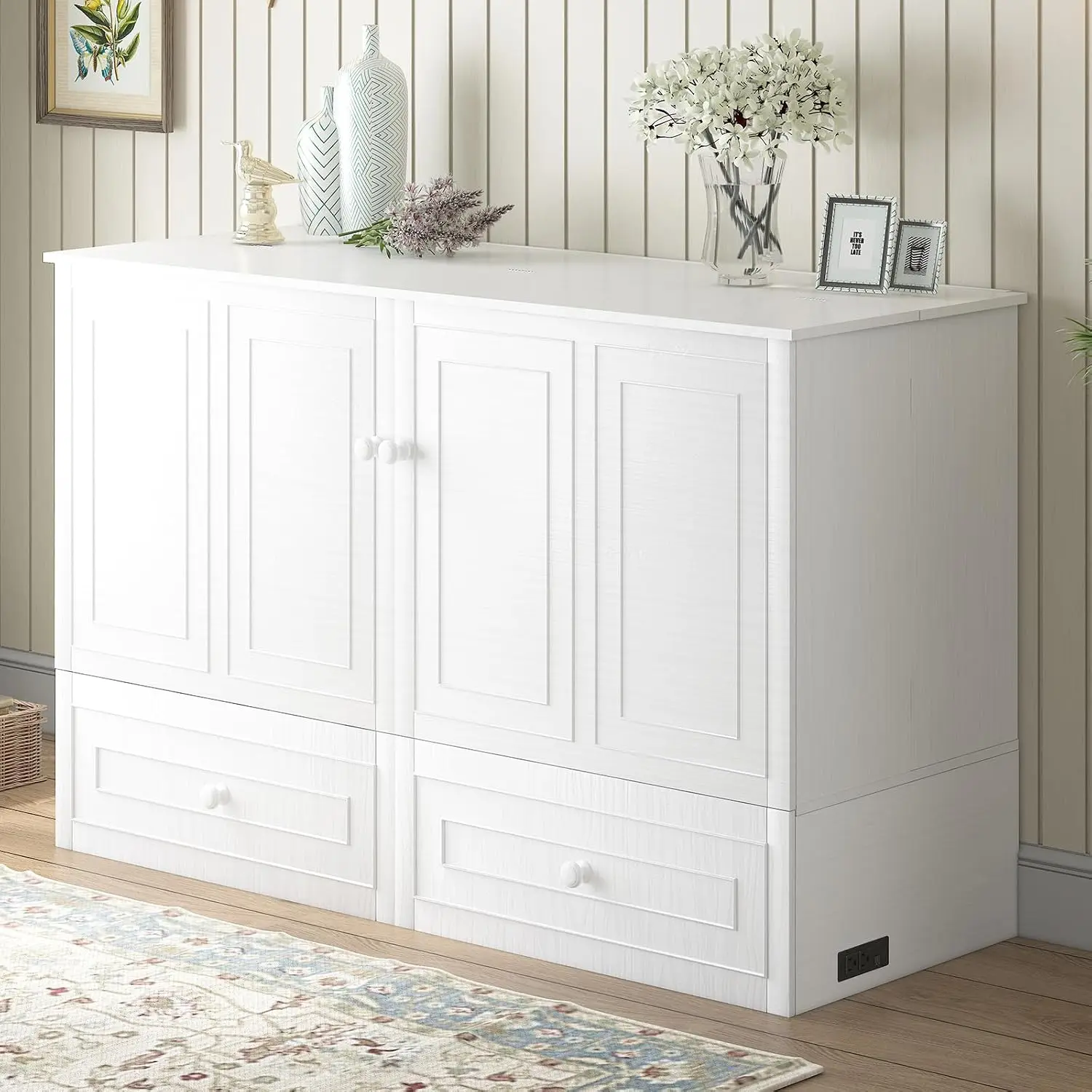 Queen Murphy Cabinet Bed with Tri-Fold Memory Foam Mattress, USB Ports, Storage Drawers,Customized