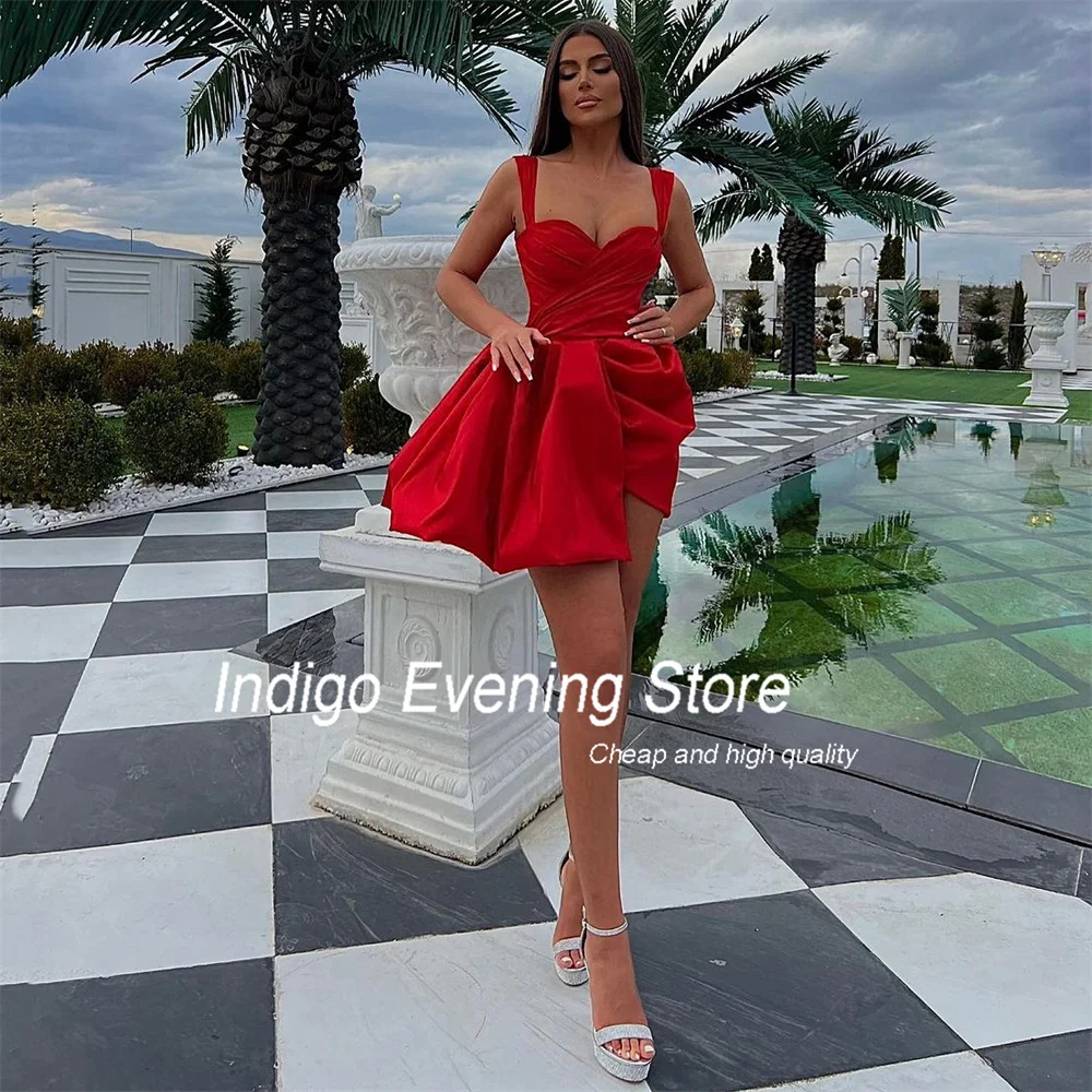 Indigo Short Prom Dresses Sweetheart Spaghetti Straps Pleat Open Back Satin Above Knee Evening Gown Women فساتين الس Customized