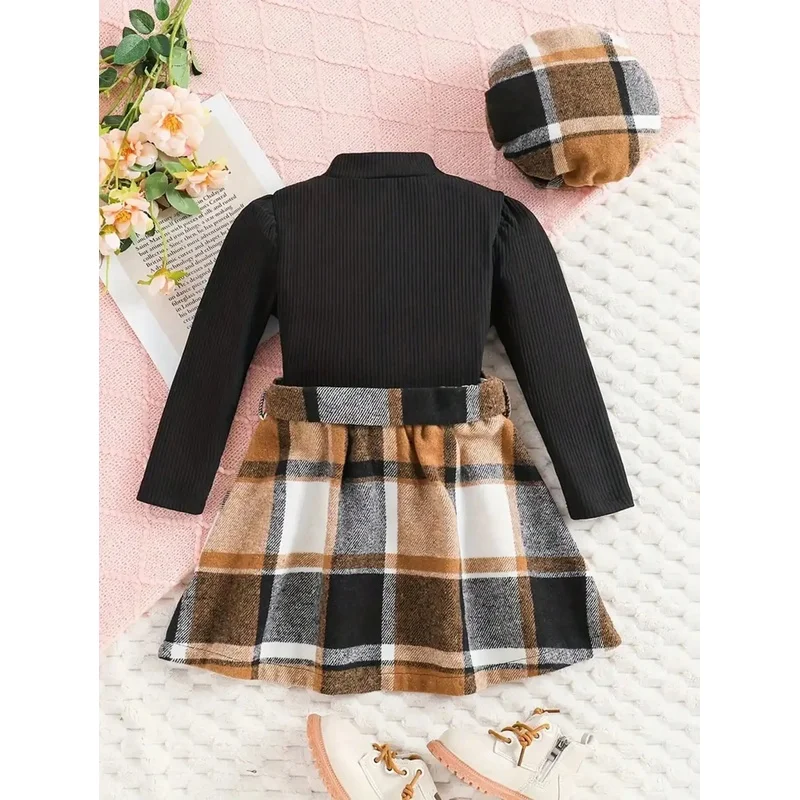 Two piece set, imitation nekc long sleeved top+plaid skirt - Spring and Autumn outdoor clothing, girls' set