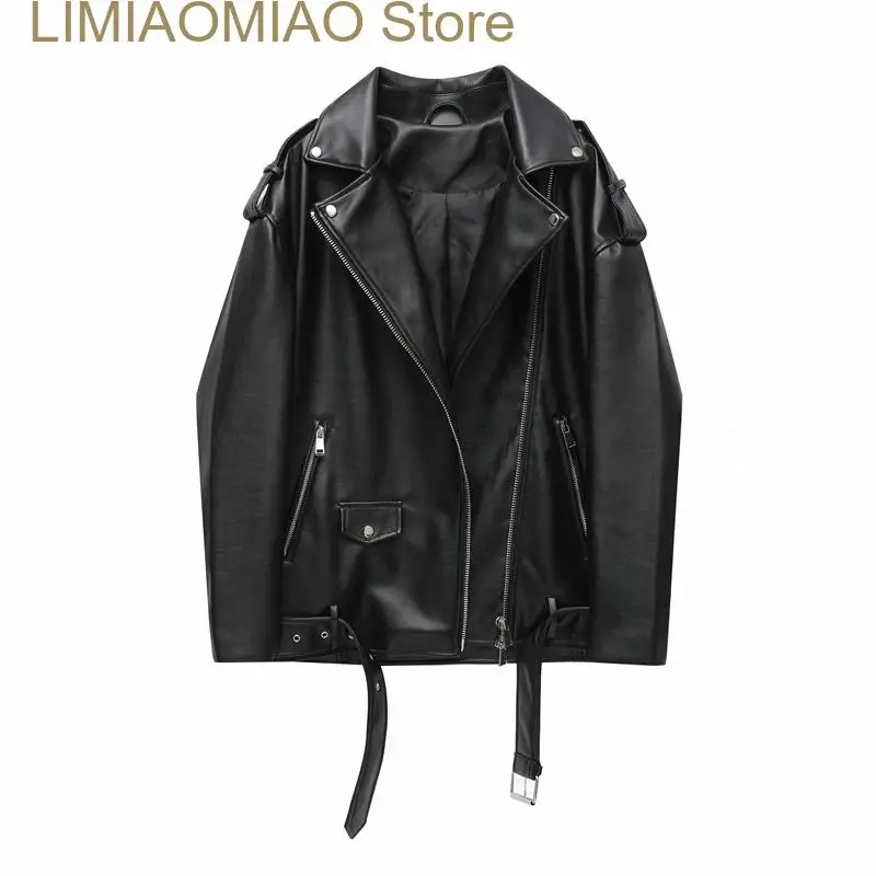 New Women\'s spring autumn style black imitation leather locomotive style loose jacket coat handsome pu motorcycle top