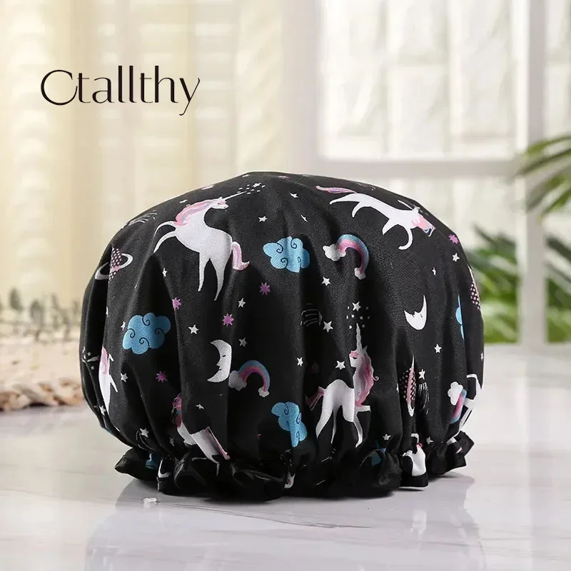 Ctallthy Unicorn Pony Lovely Thick Women Shower Caps Colorful Double Layer Bath Shower Hair Cover Adults Waterproof kitchen hats