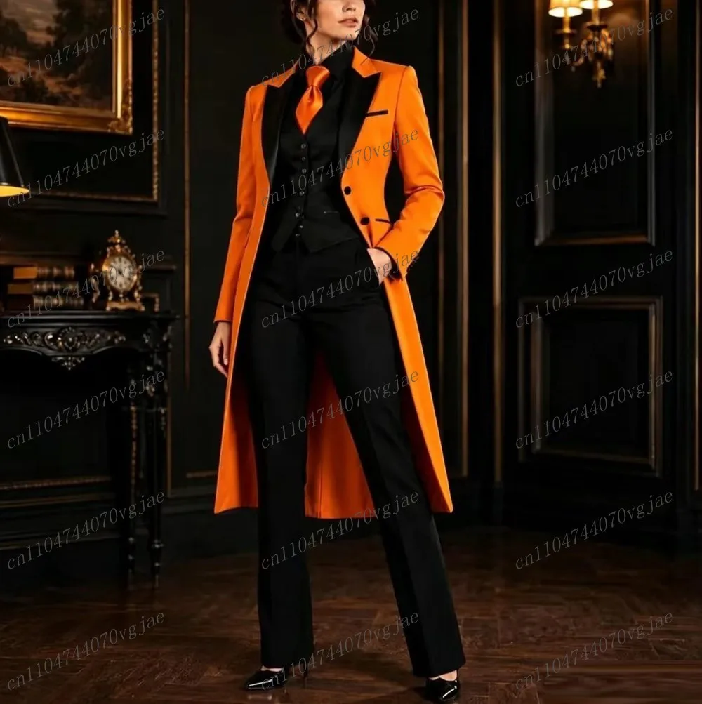 Long Blazer Orange And Black Formal Business Women Suit Wedding Party Prom Ladies Tuxedos Costume 3 Piece Set Blazer Vest Pants